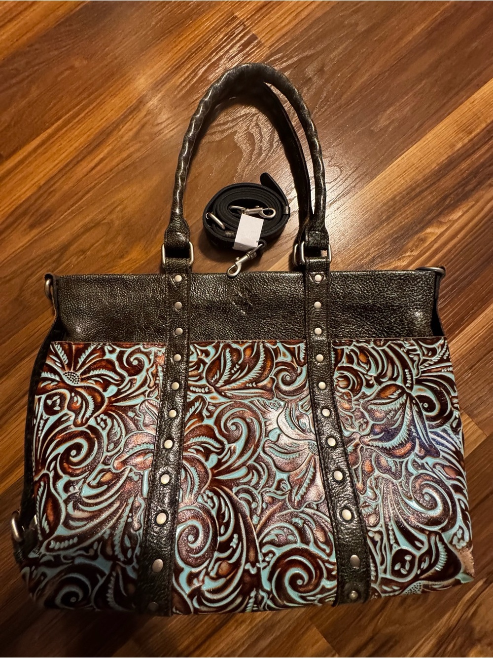 Patricia Nash Brown and Light Blue Embossed Floral Tote